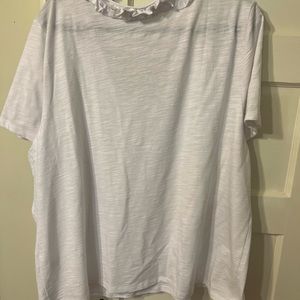 white t-shirt with ruffled neckline